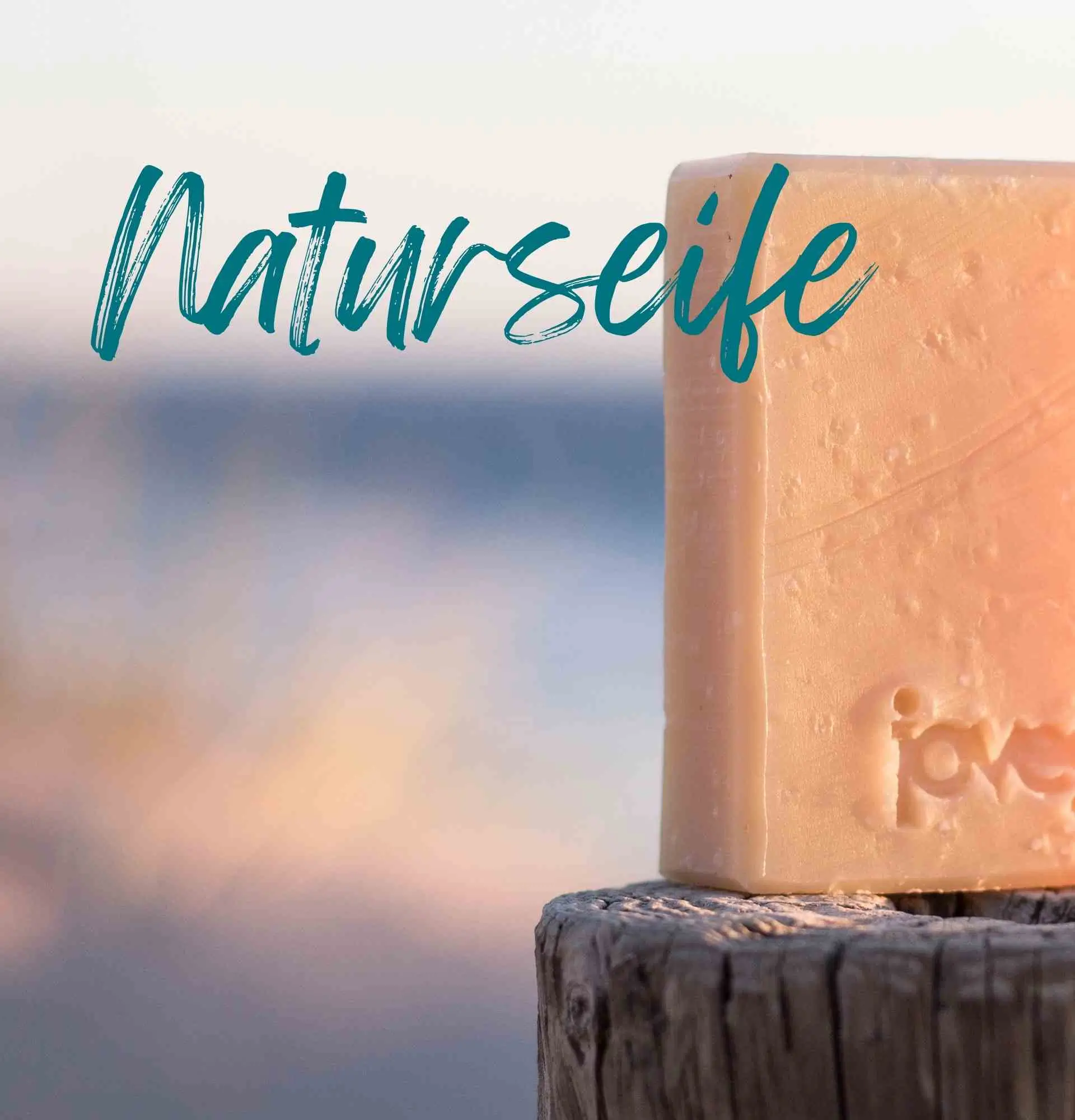 Naturseife Schrift vor einer Hundeseife mit joveg-Stempel auf einem Pfosten, Meer im Huntergrund
