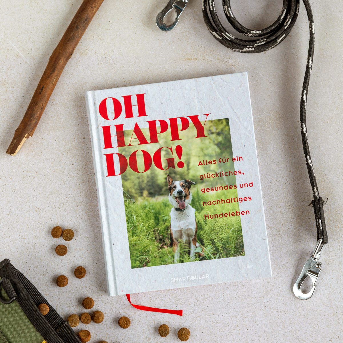 Buch: Oh Happy Dog! daneben ein Stöckchen, Leine und Leckerli