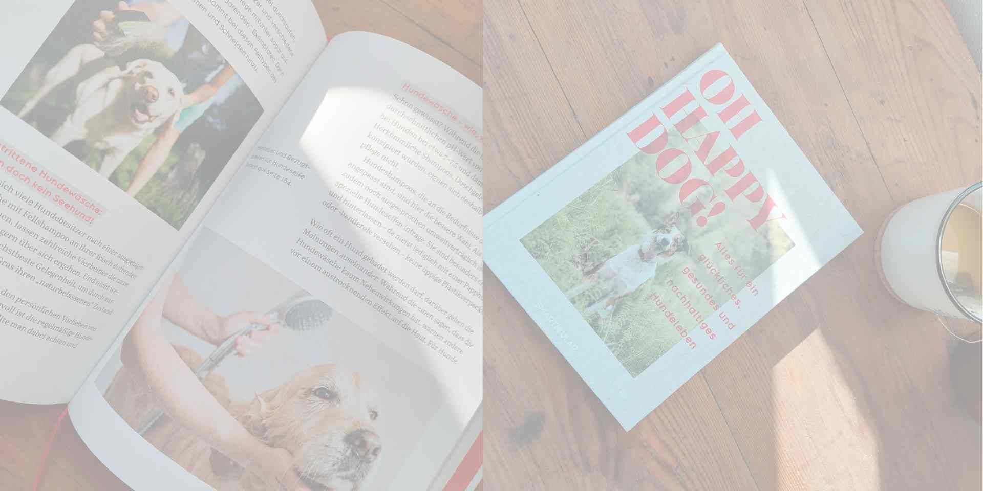 Aufgeschlagenes Hundebuch und Cover von Oh Happy Dog